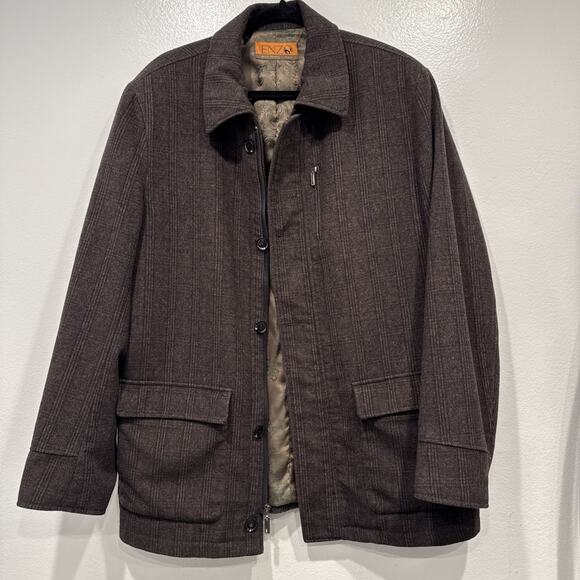 ENZO Tovare Jacket Men’s Large Brown Check Wool Blend Lined Button Front Coat - Picture 2 of 11